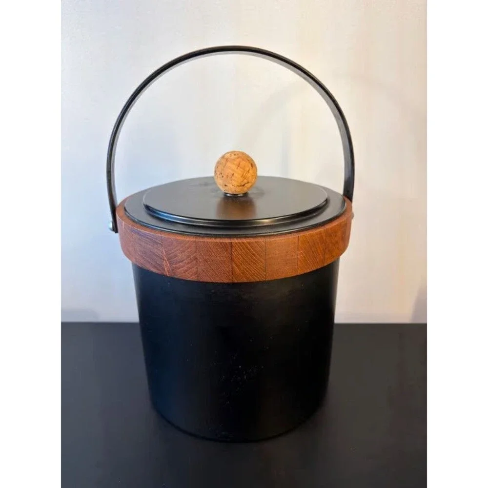 Mid Century Ice Bucket Black Body Teak Collar Swing Handle Cork Knob Barware